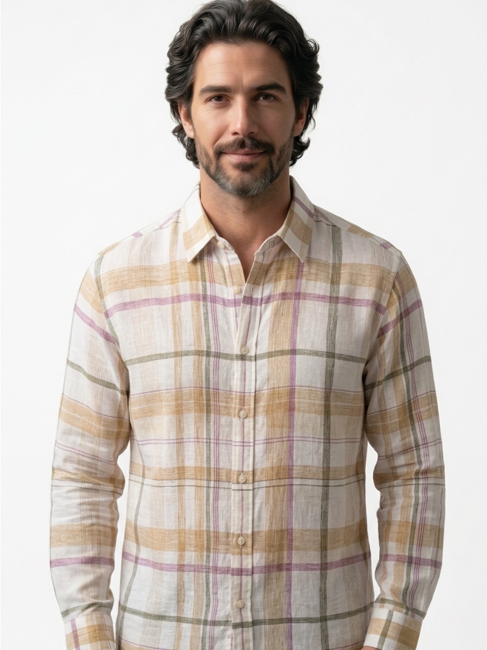 NWOT Cremieux Men’s XL Linen Plaid Button-Down Shirt in Ivory, Mustard & Mauve